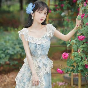 法式 风情桔梗两件套装 夏蓝色蕾丝超仙温柔奶系穿搭复古半身裙套装