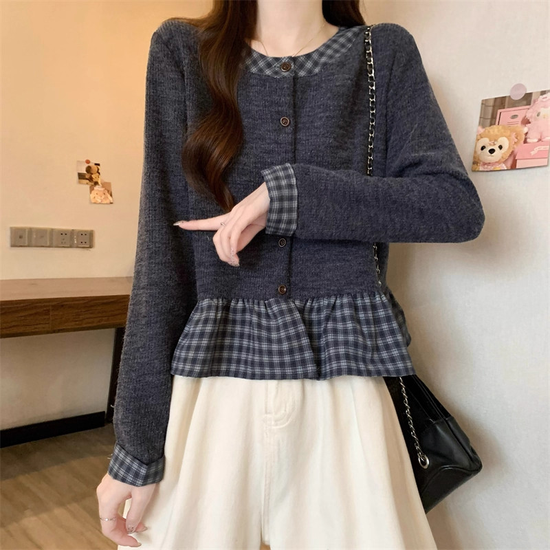 早秋法式假两件格子短款长袖衬衫