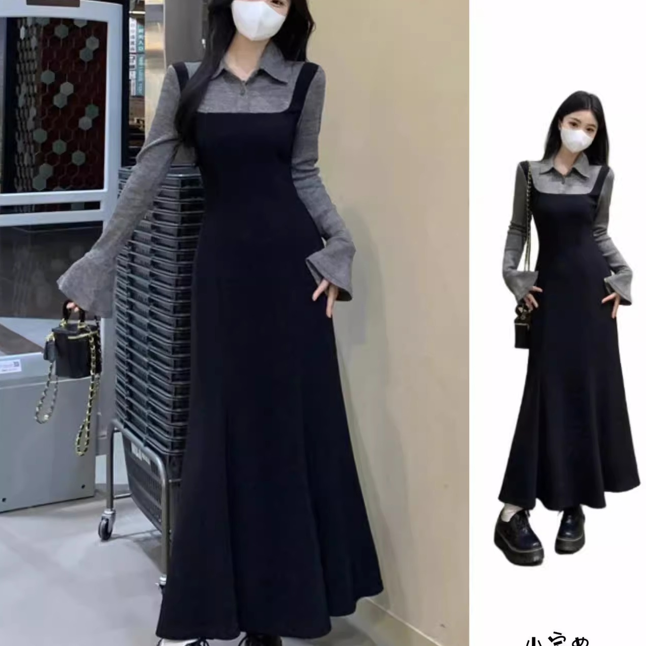 法式假两件polo领显瘦长裙