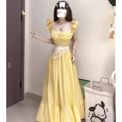法式甜美黄色小飞袖连衣裙女夏季