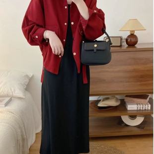 大码 宽松遮肚长裙微胖MM高级感背心裙子 黑色吊带连衣裙套装 女秋季