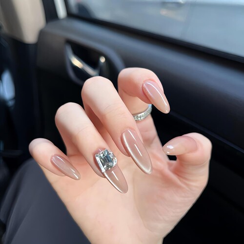 绝美~裸色猫眼堆钻手工美甲