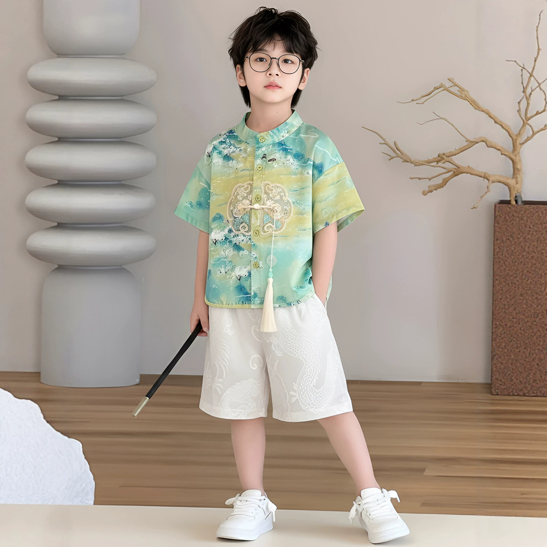 新中式男童中国风汉服唐装国潮时尚提花短袖衬衫短裤套装周岁礼服