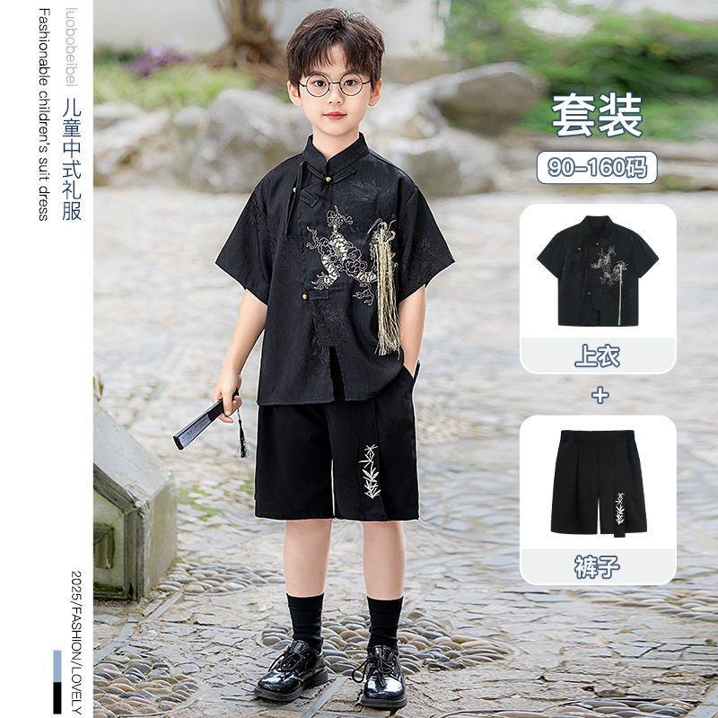 男童套装夏季新款中式立领衬衫国风麒麟刺绣汉服儿童演出走秀礼服