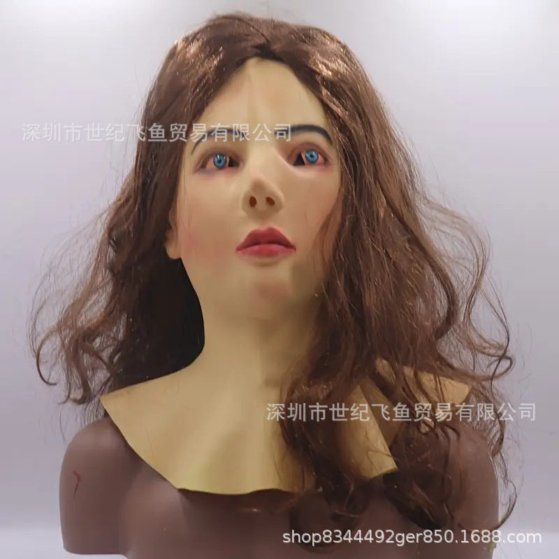 美女面具长发假发万圣节人脸仿真年轻人脸乳胶面罩表演工厂现货