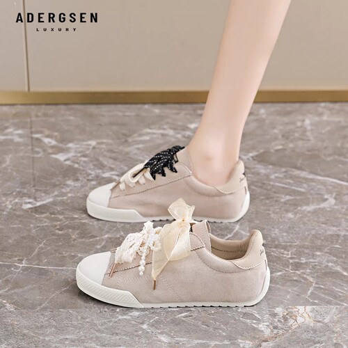 ADERGSEN拼色德训鞋女薄底透气系带休闲鞋蕾丝装饰浅口圆头运动鞋