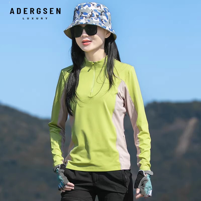 ADERGSEN长袖绿色拉链T恤女薄款户外速干登山半拉链透气运动上衣