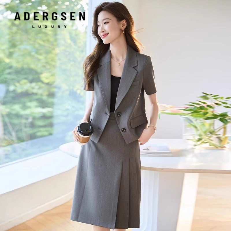 Adergsen灰色短袖西装套装女夏季薄款高级感职业气质通勤面试正装