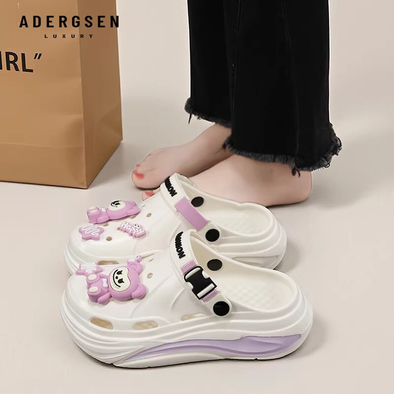 ADERGSEN厚底圆头洞洞鞋女夏季卡通装饰踩屎感外穿防滑沙滩拖鞋