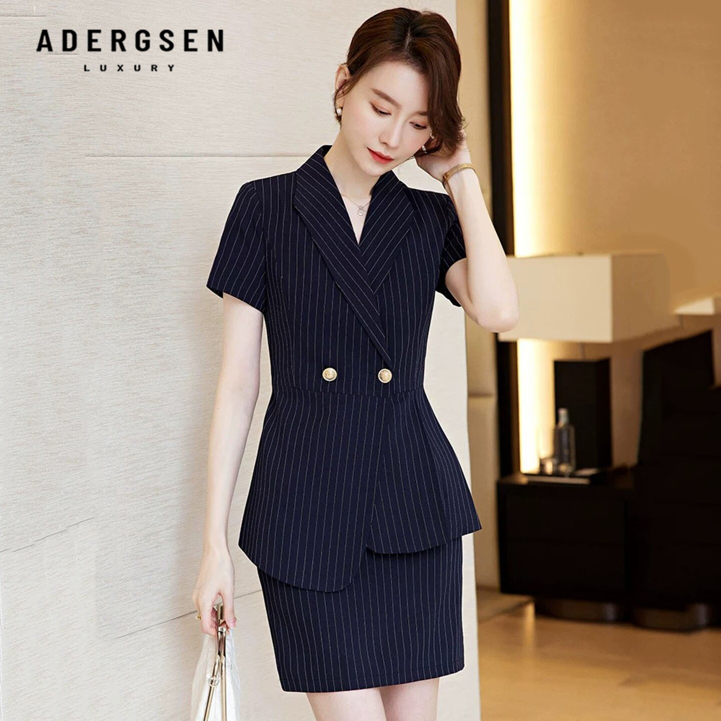ADERGSEN条纹西装套装女商务风职业装双排扣收腰短袖正装工作服