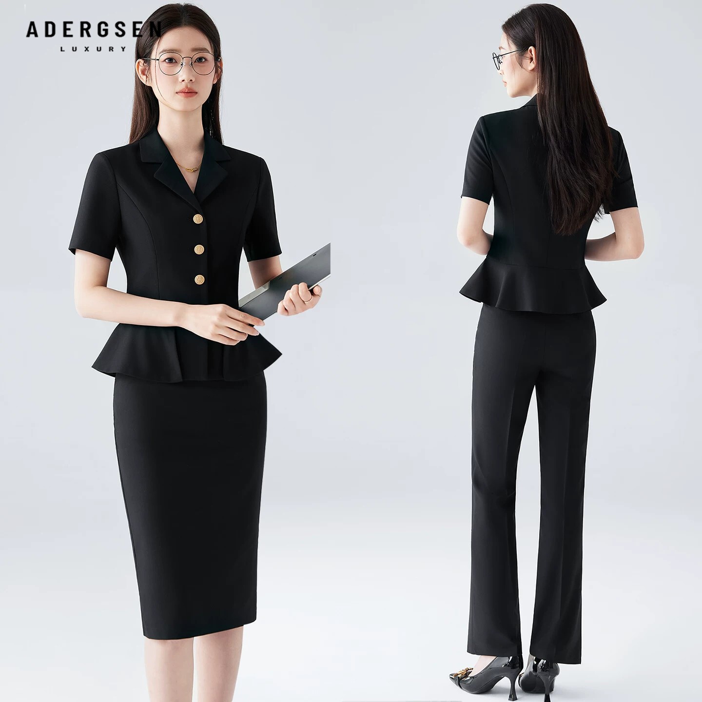 ADERGSEN短袖西装套装女简约黑色职业装薄款单排扣商务前台工作服