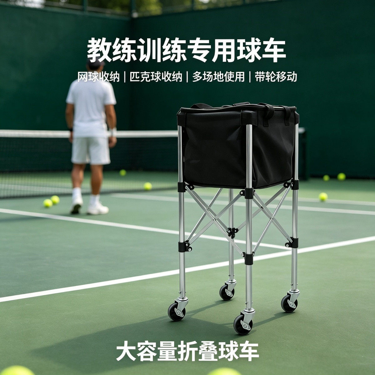 铝合金网球车便携式训练教练车匹克球车升降收纳车带轮羽毛球车