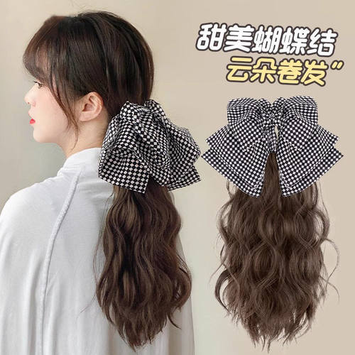 假发棋盘格蝴蝶结低马尾抓夹自然蓬松仿真可扎中长水波纹卷马尾