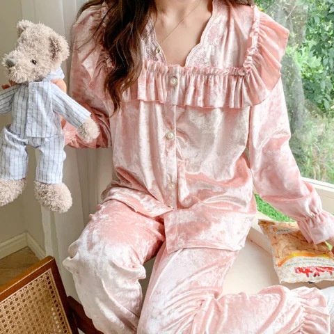 直播秋冬韩版金丝绒长袖睡衣女宫廷开衫家居服套装工厂批代发