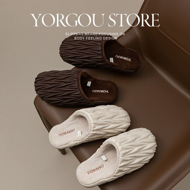 远港褶皱棉拖鞋女2025新款秋冬季室内家居防水保暖居家艾草皮拖男