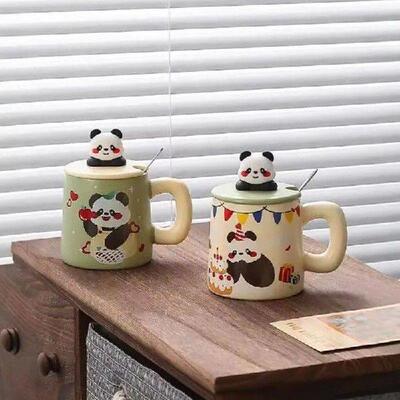 Porcelain Panda Pattern Coffee Mug Milk Mug with A Spoon