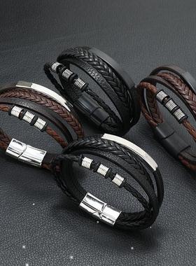 Black Leather Bracelet Men Charm Braide