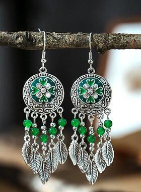 Vintage Ethnic Crystal Bead Leaf Dangle Earrings for Women S