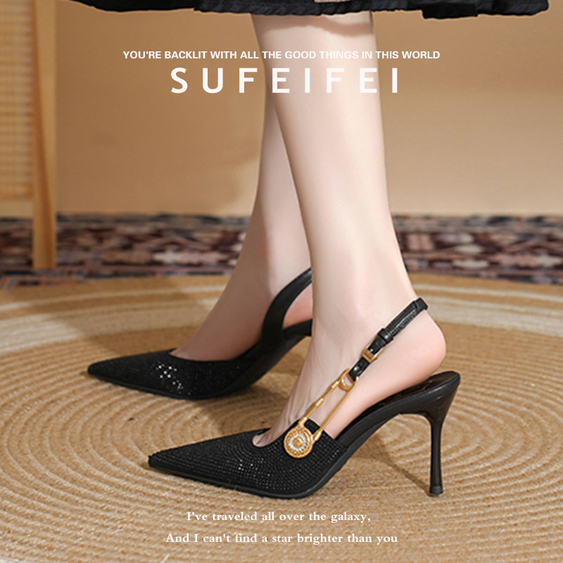 苏妃妃2026春季新款法式高跟鞋女细跟尖头水钻一字带时尚后空凉鞋