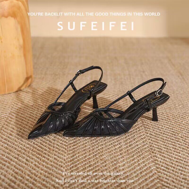 苏妃妃夏天季新款尖头网纱气质高跟鞋女细跟包头后空凉鞋女