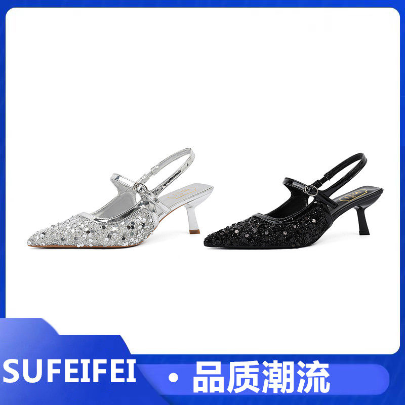苏妃妃配裙子新款尖头高跟鞋女细跟设计感小众气质亮片包头凉鞋女