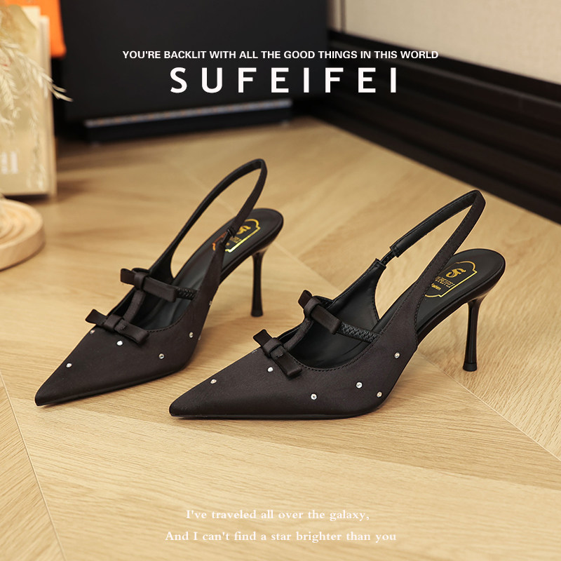 苏妃妃春夏季新款黑色高跟鞋女细跟设计感波点水钻蝴蝶结后空凉鞋