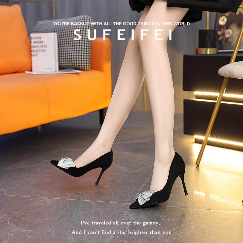 苏妃妃2026年春季新款蝴蝶结黑色高跟鞋女细跟尖头浅口感气质性感
