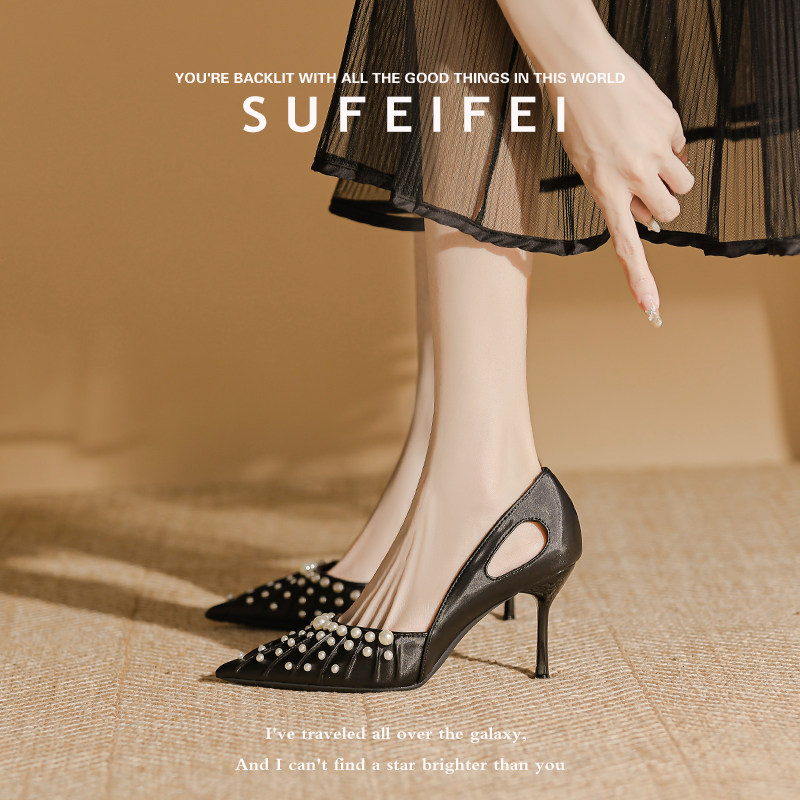 苏妃妃法式黑色高跟鞋女2026年夏新款气质名媛百搭珍珠设计感小众