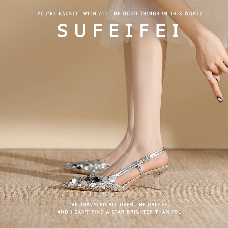 苏妃妃配裙子2026年夏季新款亮片尖头时尚气质细跟高跟鞋包头凉鞋