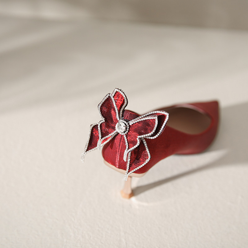 苏妃妃单鞋配裙气质水钻蝴蝶结婚鞋春夏款红色高跟鞋女细跟伴娘