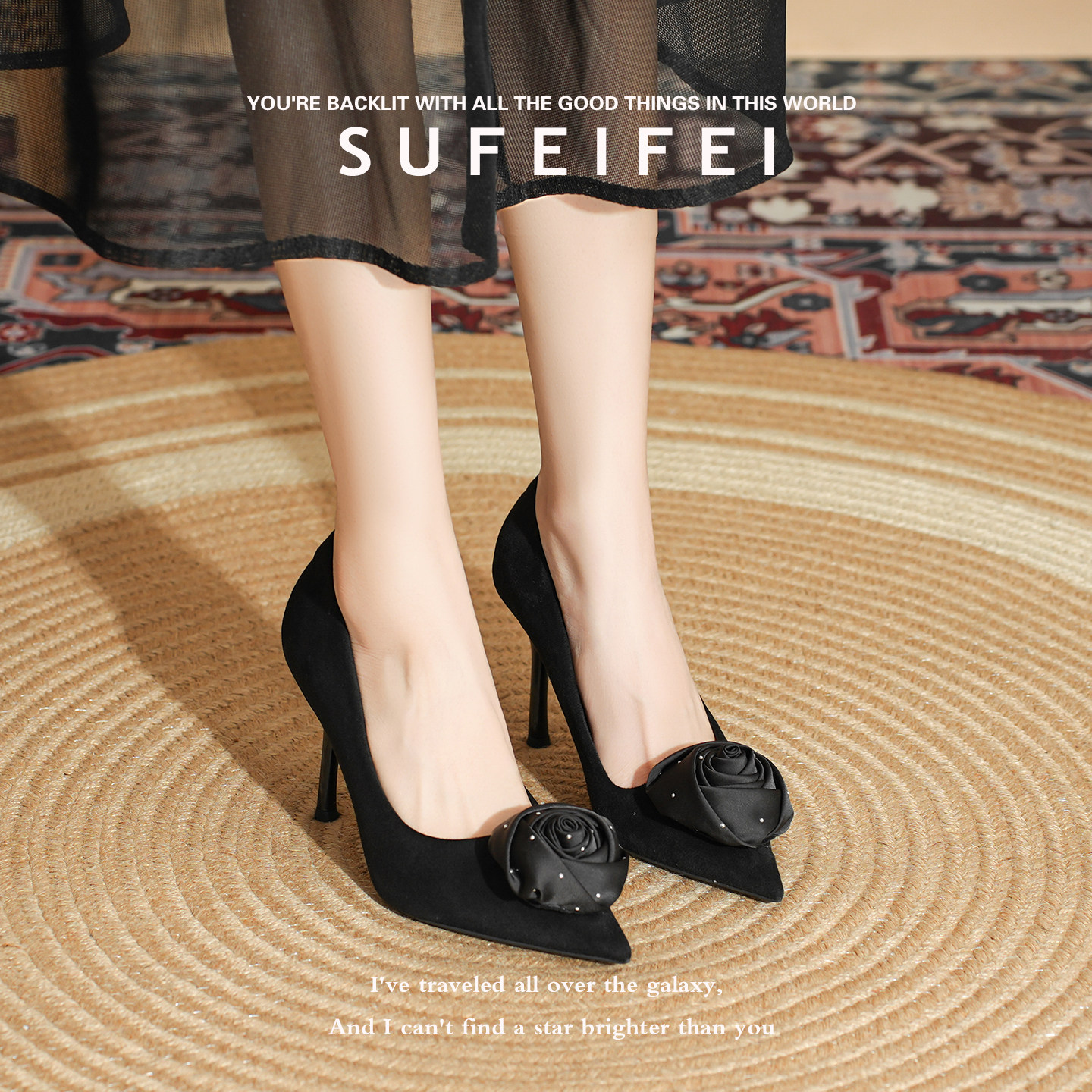 法式黑玫瑰花朵绒面黑色高跟鞋女2026年春季新款气质细跟绝美单鞋