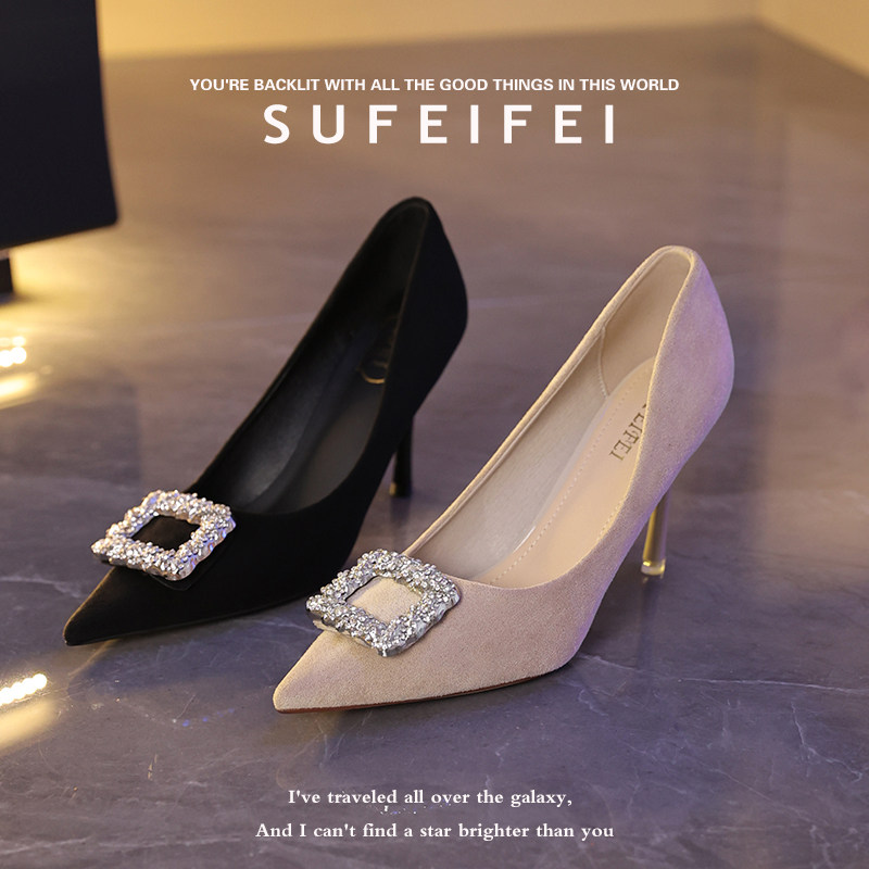 苏妃妃高跟鞋女细跟2026年款春季水钻方扣性感尖头黑色女士单鞋
