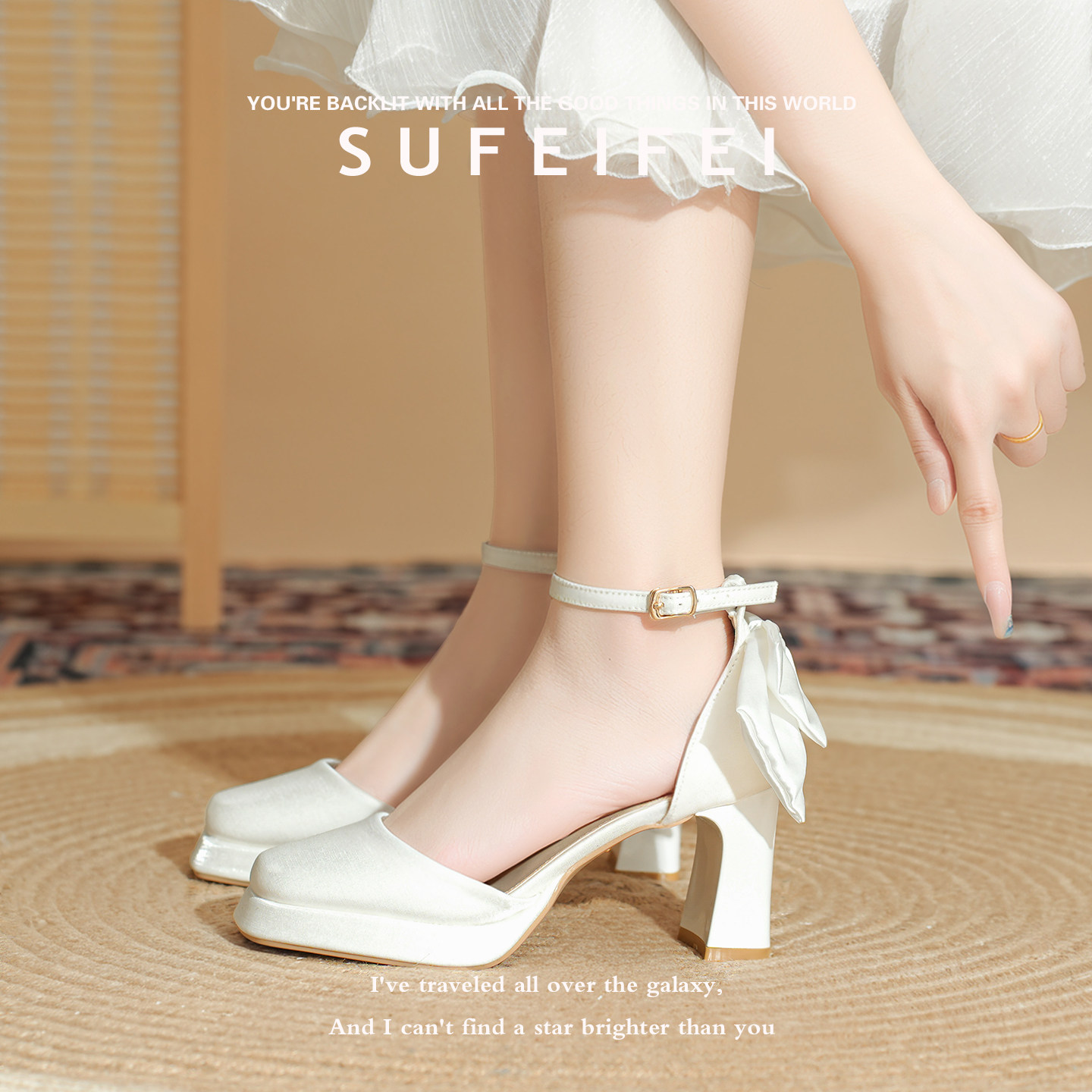 苏妃妃防水台玛丽珍白色高跟鞋女粗跟蝴蝶结配裙子气质不累脚单鞋