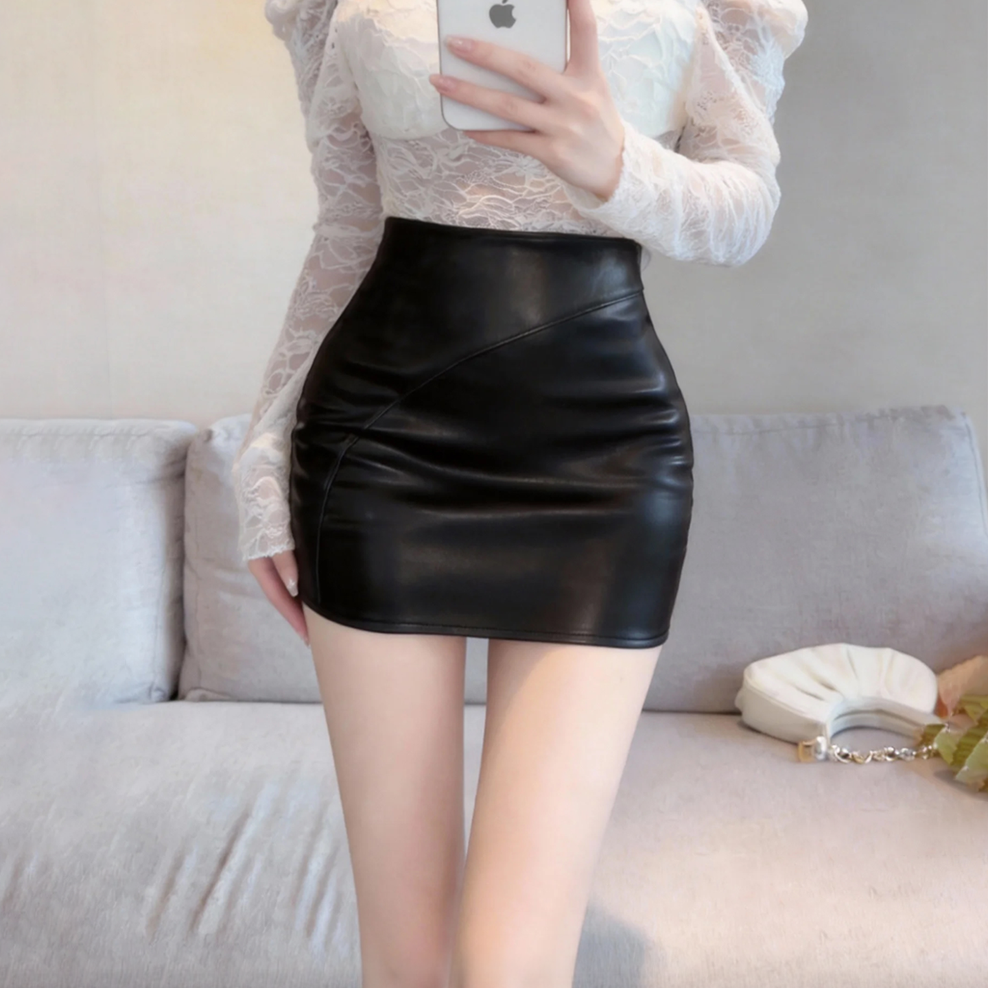 黑色高腰显瘦PU皮半身裙女紧身一步短裙春季新款韩版短款包臀裙潮