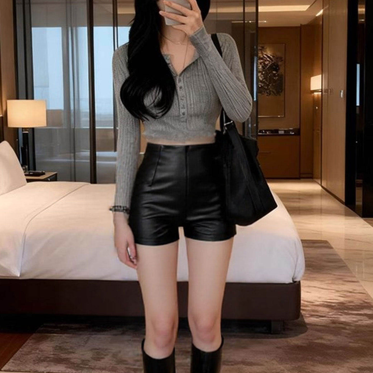 黑色高腰紧身PU皮短裤女秋冬新款韩版包臀显瘦辣妹靴裤打底裤外穿