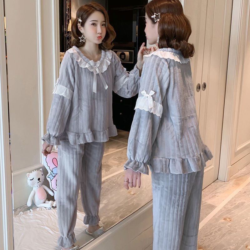 冬季韩版法兰绒睡衣女两件套装冬睡衣/家居服套装