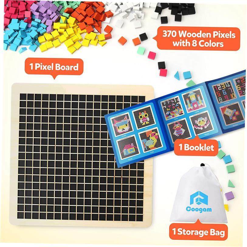 Wooden Mosaic Puzzle 370PCS Shape Pattern Blocks Pixel Board