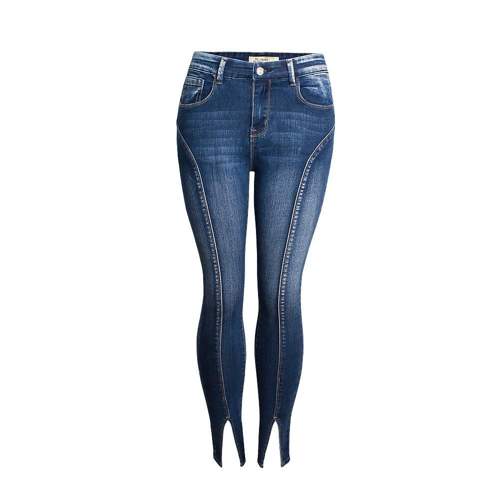 Jeans with elastic split waistband and damp washed hem, crop