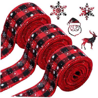 Christmas Red and Black Plaid Ribbon Printed Snowflake Tie