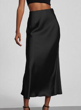 INS欧美性感修身仿真丝缎面包臀长裙半身裙 Sexy Silk Midi Skirt