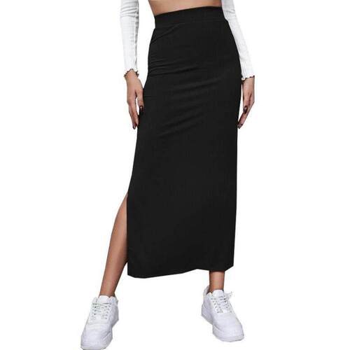 Solid high waisted split half length skirt女高腰开叉半身长裙