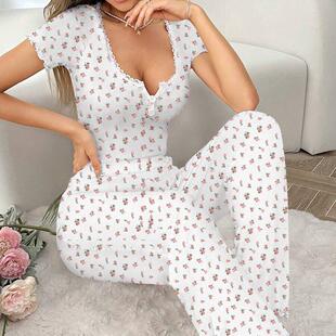 Pajamas floral prints lettuce rolls long pants set women