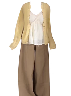 MARIE.COCO2025早秋新款奶黄色长袖开衫蕾丝边吊带背心阔腿裤套装