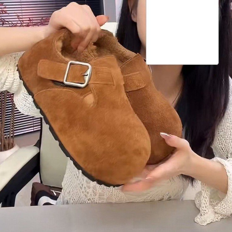 5CM厚底加绒勃肯鞋内增高毛毛鞋女2025冬季新款防滑保暖包头棉鞋