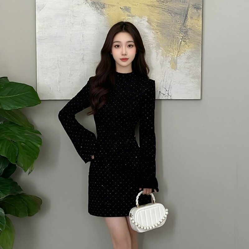 【加绒加厚】女秋冬季气场强大收腰显瘦短款生日礼服连衣裙QY0134