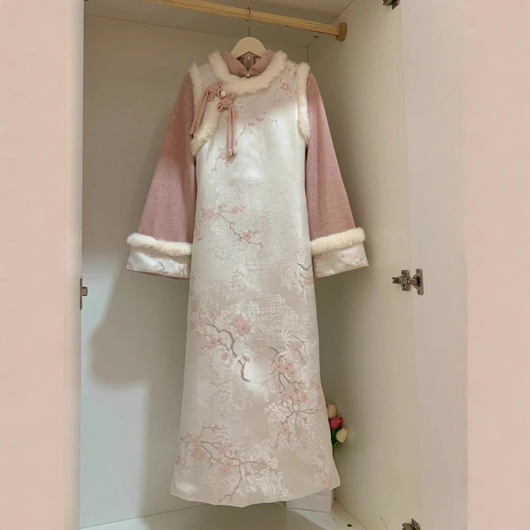 复古风粉白梅花长短马甲