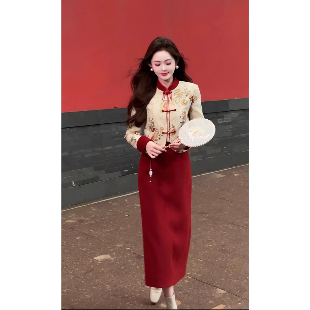 新中式复古喜庆红色旗袍裙套装女秋冬国风刺绣夹棉唐装外套半身裙