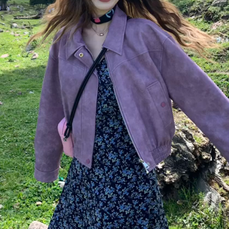 美式紫色夹克外套早秋短款女小个子韩版气质碎花连衣裙