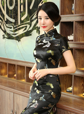 【唐装旗袍】C0141-A新款长款印花旗袍优雅短袖复古唐装旗袍