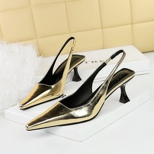 2A05欧美风复古宴会女鞋 女 高跟酒杯跟浅口方头镂空后绊带后空单鞋